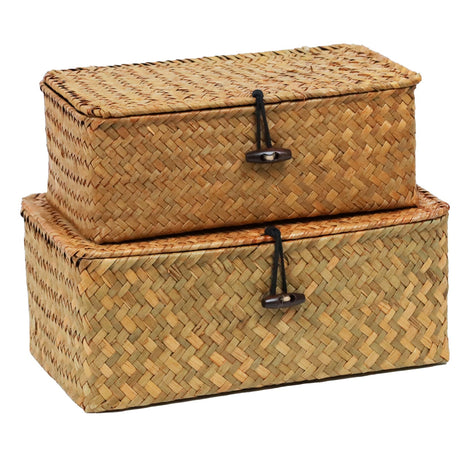Set of 2 Wicker Basket with Lid, Seagrass Woven Basket for Storage, Decorative Storage Baskets Bins for Organizing Home ORDELITE