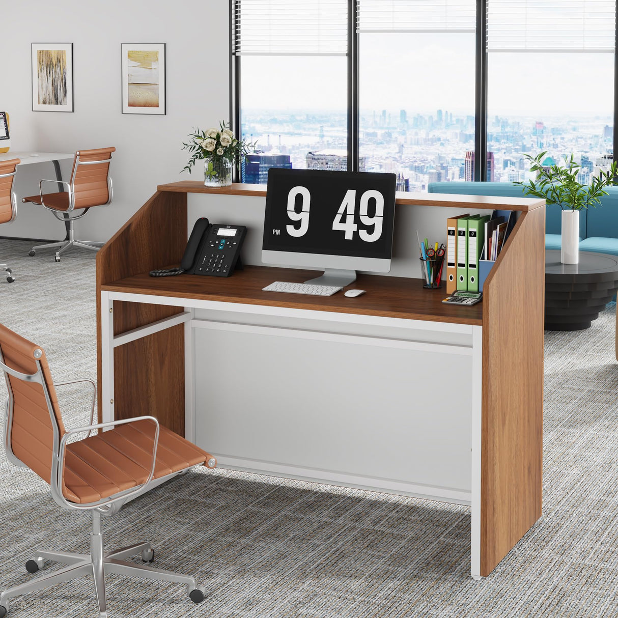 Tribesigns Reception Desk with Counter, Modern Front Desk Reception Room Table with Cable Grommet, 47 inch Retail Counter for Checkout, Lobby, Beauty Salon, Home Office Desk, Walnut Tribesigns