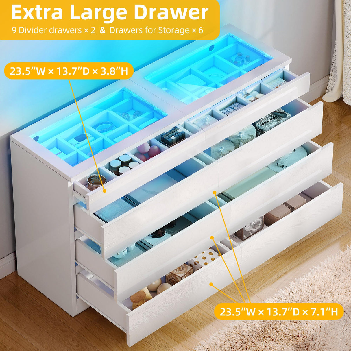 DWVO 8 Drawer LED Dresser, White Modern Chest of Drawers with Deep Storage, Tempered Glass Top & High-Gloss Finish, Stylish Organizer Cabinet for Living Room, Office Spaces DWVO