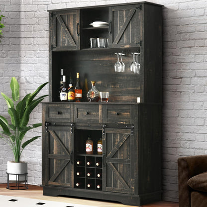 4 EVER WINNER Kitchen Pantry Storage Cabinet with Hutch, 72” Farmhouse Buffet Cabinet with Hutch & Wine Rack, Kitchen Hutch Storage Cabinet for Dining Room, Rustic Dark Brown