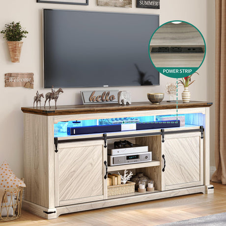 DWVO TV Stand for 75 Inch TV with Power Outlets, LED TV Stands Farmhouse Entertainment Center TV Media Console with Sliding Barn Doors for Living Room, Off White & Walnut Grain, Leaf TV Table DWVO
