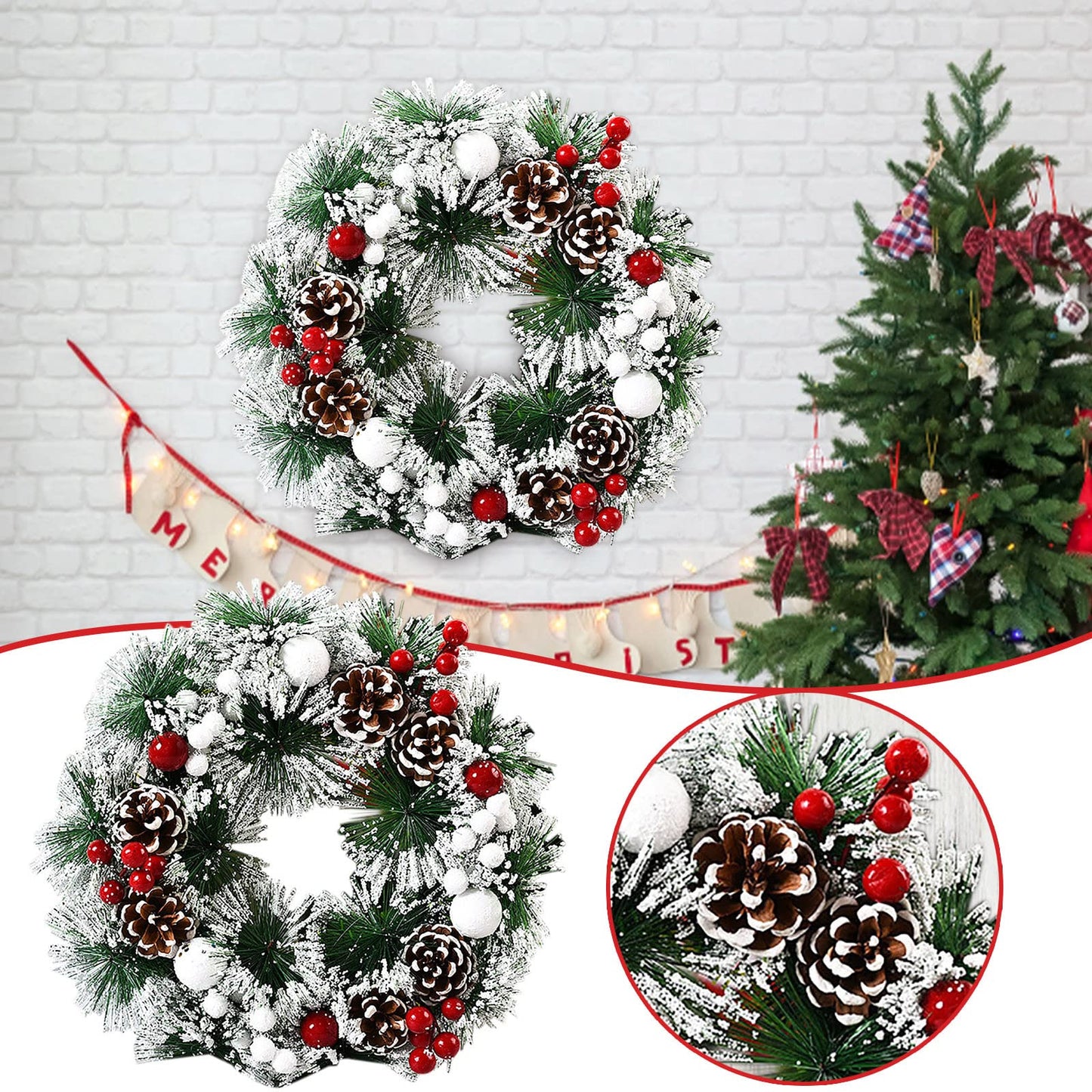 XIANGLIANG Wreath Frame 36 Inch Christmas Wreath Berry Wreath Handmade Floral Front Door Rustic Wreath Flocked with Mixed Decorations Christmas Decorations Christmas with Lights, One Size, 4ZtCtOJ6q