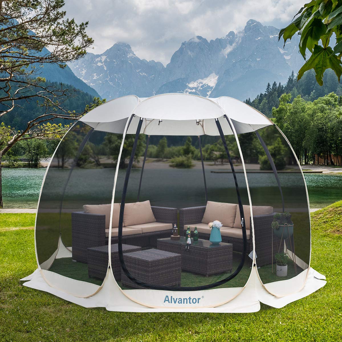 Alvantor Screen House Room Camping Tent Outdoor Canopy Pop Up Sun Shade Hexagon Shelter Mesh Walls Not Waterproof 10'x10' Beige Patent Pending - WoodArtSupply