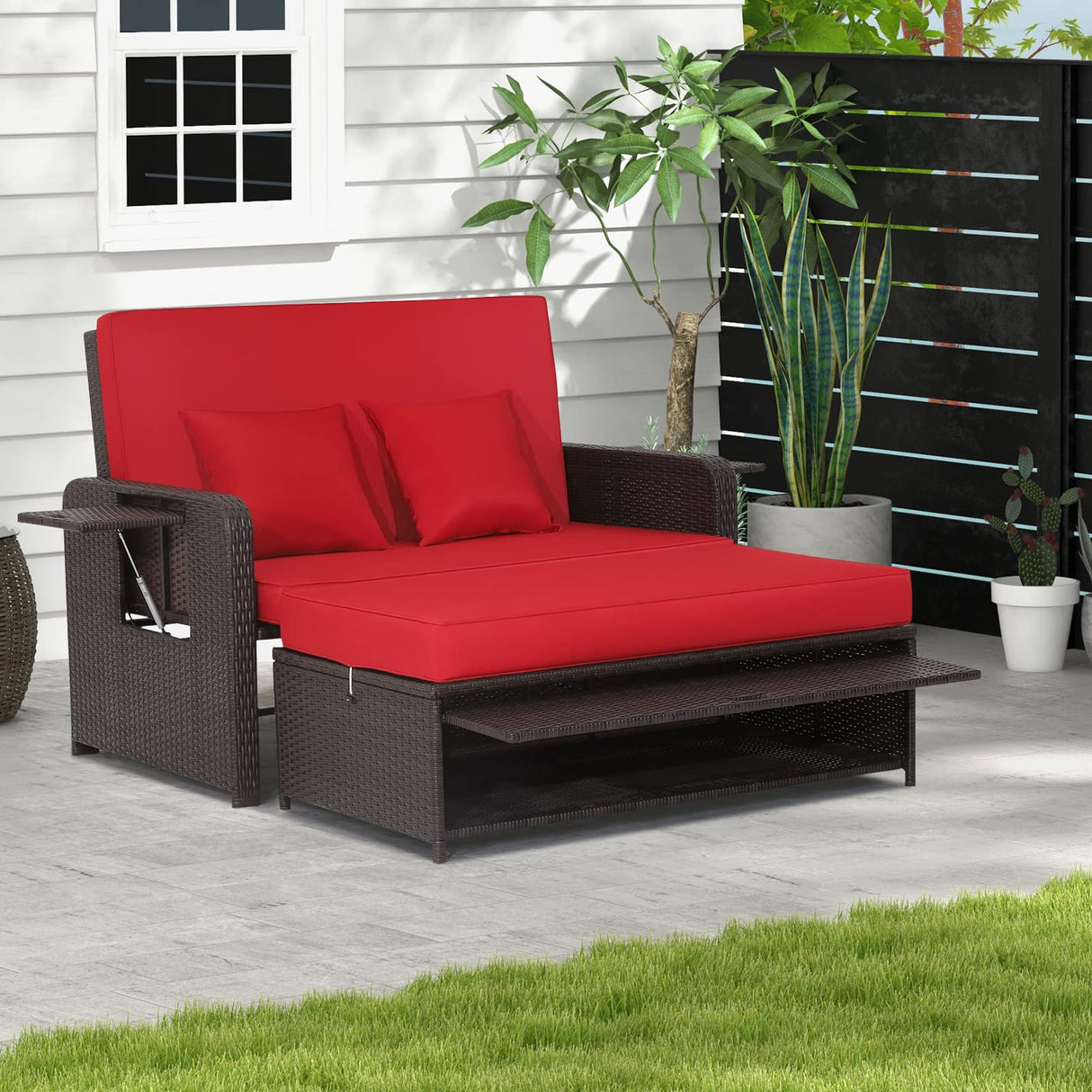 Tangkula Patio Rattan Daybed, Patiojoy Wicker Loveseat Sofa w/Multipurpose Ottoman & Retractable Side Tray, 4-Level Adjustable Backrest, Footstool w/Storage, Seat & Back Cushion Included Tangkula