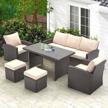 HOMREST 6 Pieces Patio Furniture Sets Clearance, Patio Dining Sofa Set Outdoor Sectional Sofa Conversation Set All Weather Wicker Rattan Couch Dining Table & Chair (Beige) - WoodArtSupply