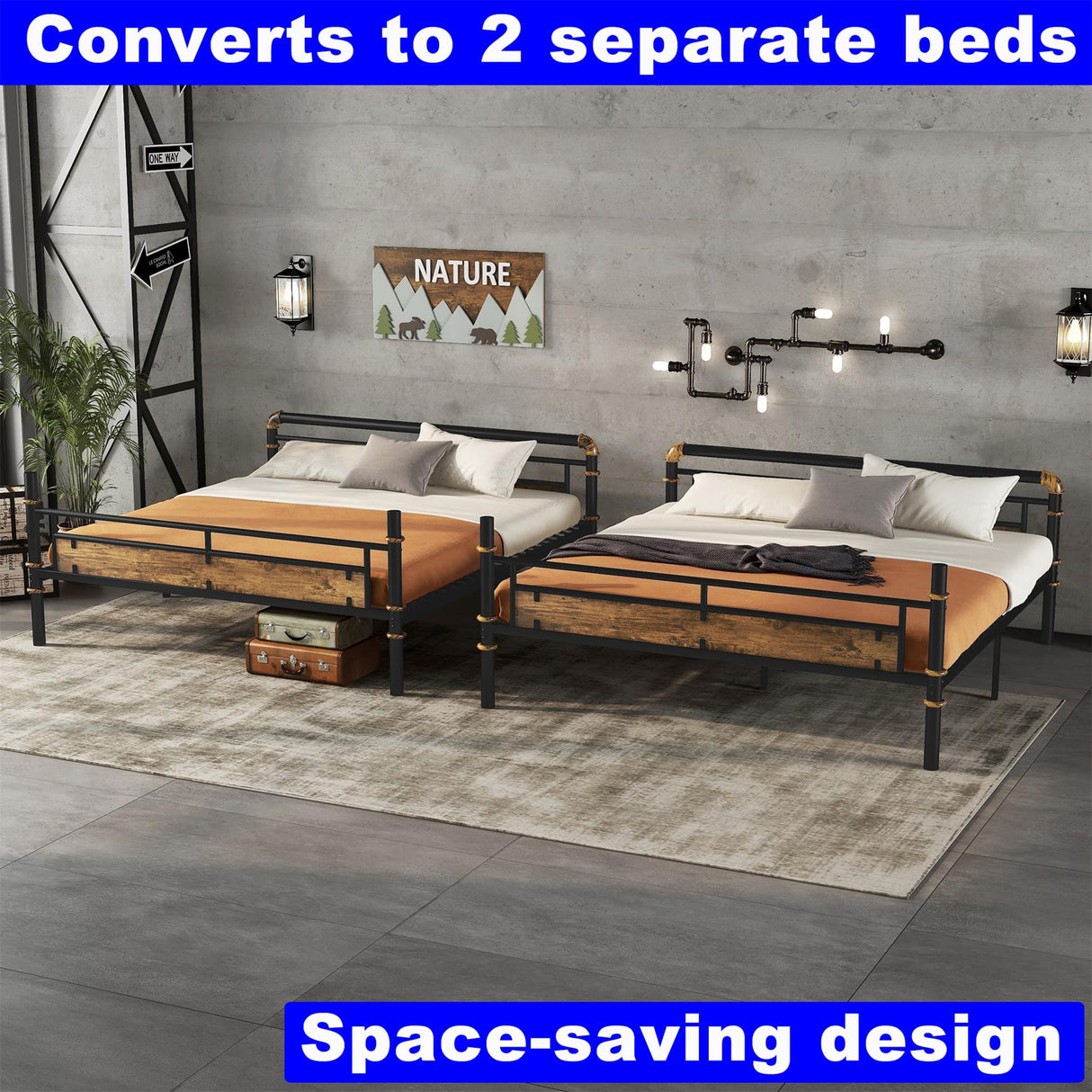 LEEKOUS Upgraded Version Thicken Metal Queen Over Queen Bunk Bed, Best Industrial Style Heavy Duty Queen Size Bunk Bed, Convertible into 2 Beds Wood Board, Water Pipe Design for Adults (Queen) LEEKOUS