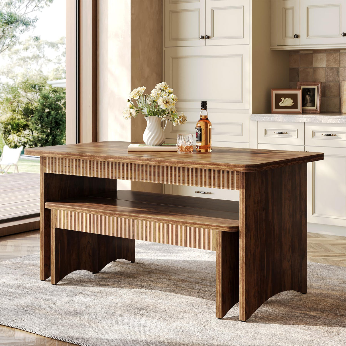 LITTLE TREE 55" Dining Table with 2 Benches, Dining Table Set for 4-6 People, Farmhouse Kitchen Table with Bench, Dining Room Table Set LITTLE TREE