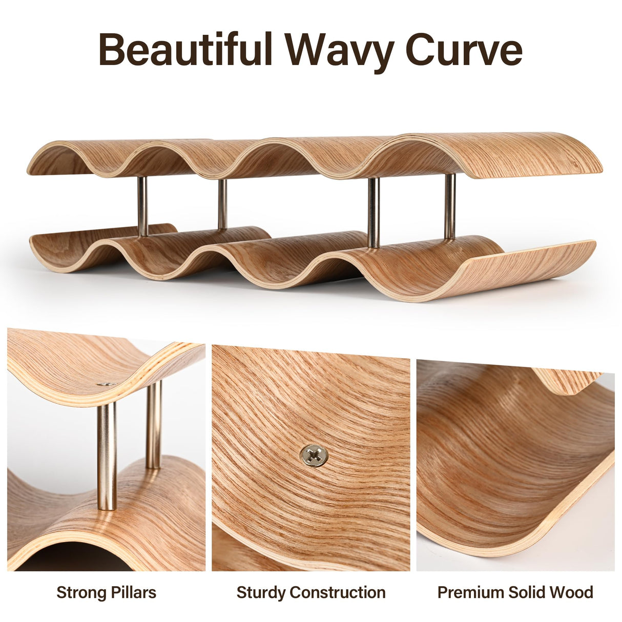 TRUDING Countertop Wine Rack - 7 Bottle Freestanding Wine Bottle Holder Stand - 2 Tier Wooden Wine Storage Rack - Wavy Wine Organizer for Cabinet Pantry Home Kitchen Bar TRUDING