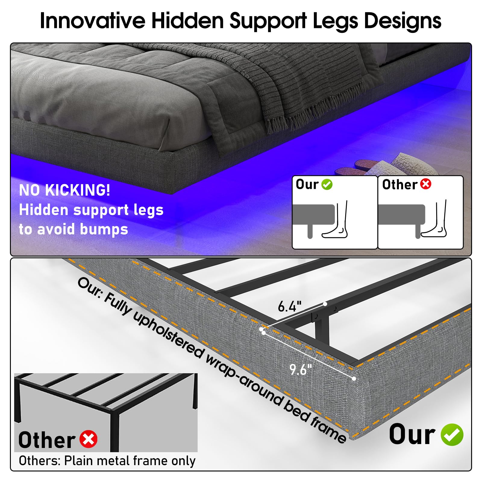 Anhave 10.6" High Queen Floating Bed Frame with RGB LED Lights and Heavy-Duty Metal Support - WoodArtSupply