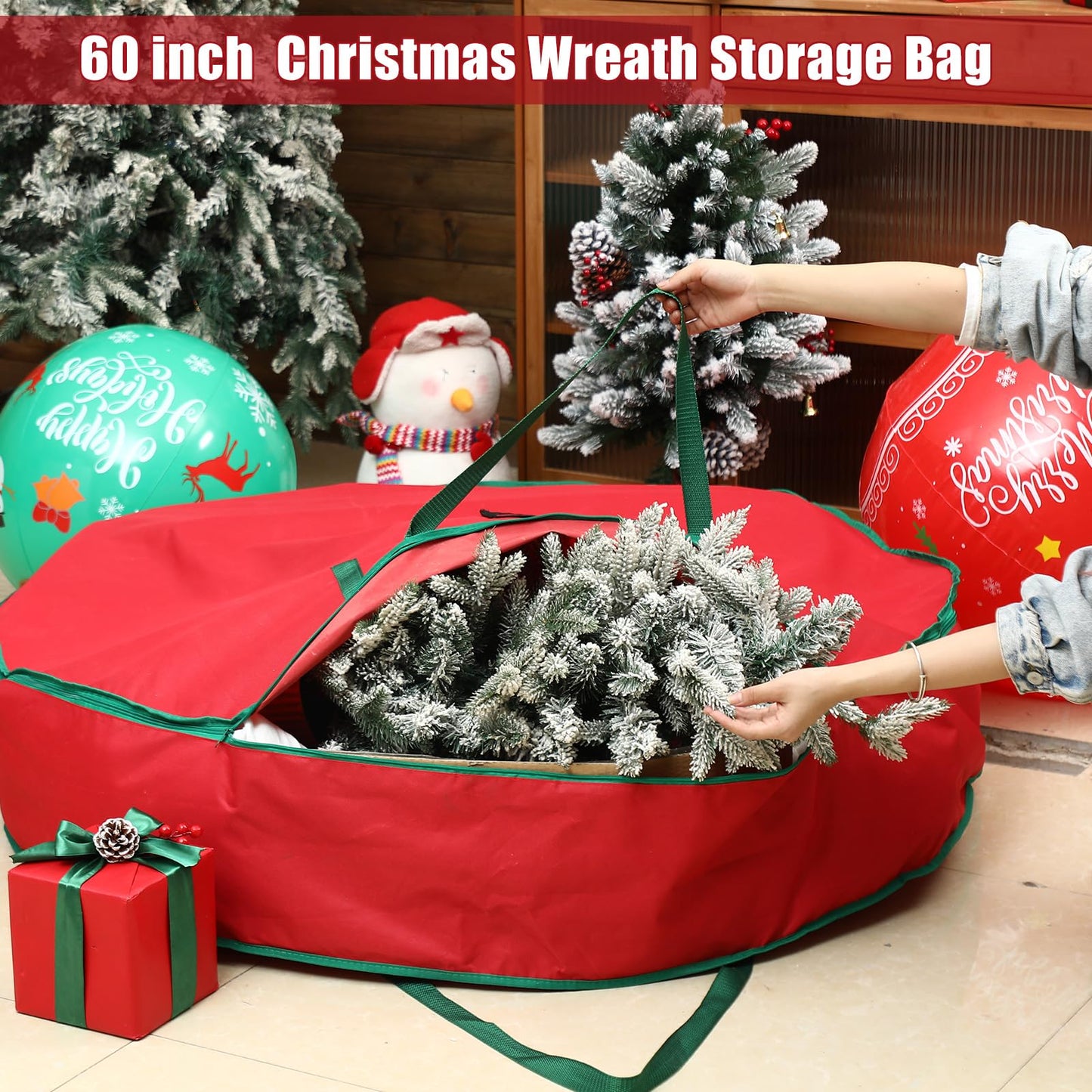 Wesnoy 1 Pcs 60 Inch Christmas Wreath Storage Bag Zippered Garland Holiday Container with Reinforced Handle Tear Resistant 600d Oxford Wreath Organizer Christmas Wreath Holder with Card (Red)