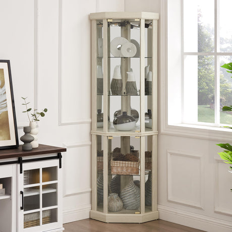 XZTUAJ 69"H Lighted Curio Cabinet Corner Display Case, Corner Glass Cabinet with Adjustable Shelves and Tempered Glass, Wooden Corner Curio Cabinet w/ Mirrored Back Pane for Living Room(Antique White) XZTUAJ