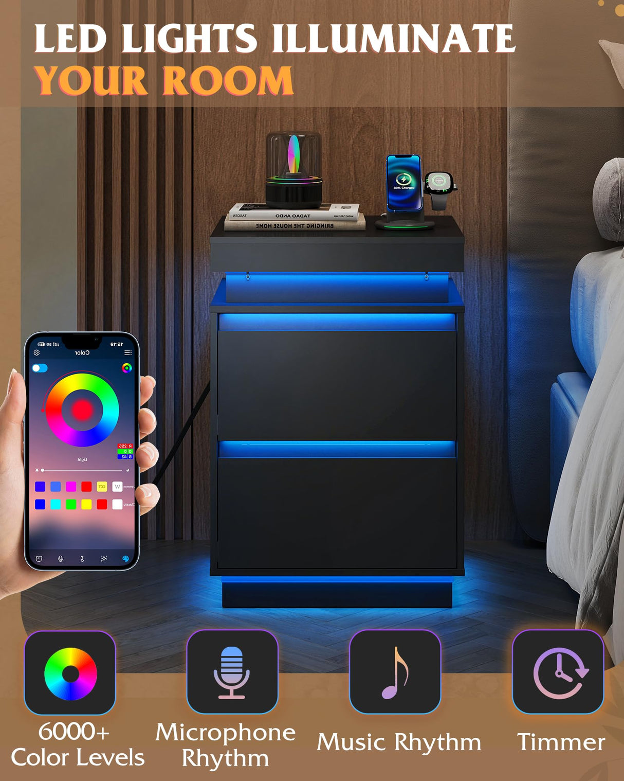 WLIVE Black Nightstand with Charging Station and LED Lights, Bedside Table with 2 Wooden Drawers and Sliding Top, Modern End Table Side Table for Bedroom, Living Room, Office WLIVE