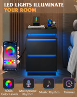 WLIVE Black Nightstand with Charging Station and LED Lights, Bedside Table with 2 Wooden Drawers and Sliding Top, Modern End Table Side Table for Bedroom, Living Room, Office WLIVE