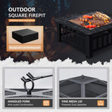 Greesum Multifunctional Patio Fire Pit Table, 32in Square Metal BBQ Firepit Stove Backyard Garden Fireplace with Spark Screen Lid and Rain Cover for Camping, Outdoor Heating, Bonfire and Picnic, Black Greesum