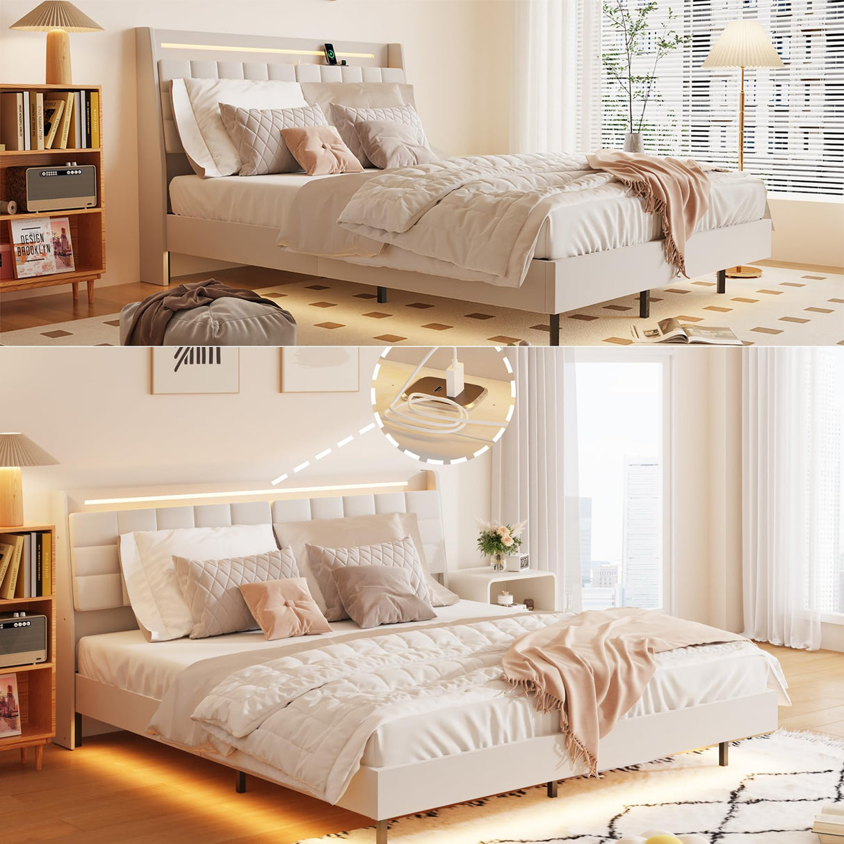 Dreamy Floating King Bed Frame with LED Lights & USB Charging, Beige Upholstered Design Klwenas Maec