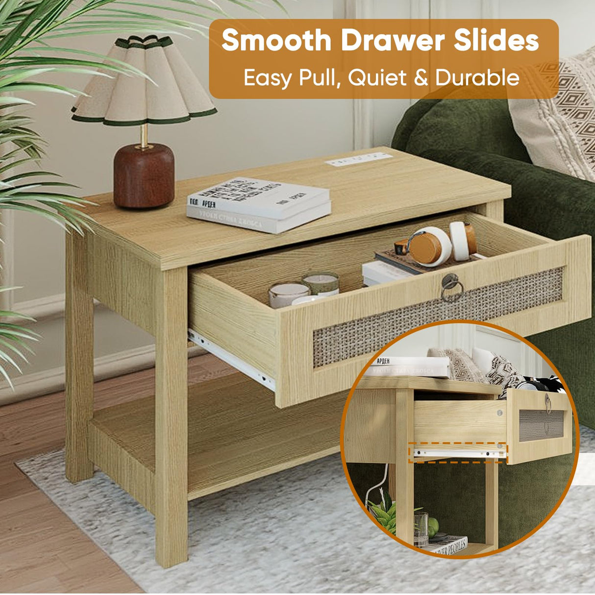 Large Night Stand Set of 2, Bedside Table with Drawers and Open Shelf, Farmhouse Bedroom Nightstand with Charging Station, 27.5" Wide Boho Rattan Side Table for Bedroom, Living Room Arbcoler