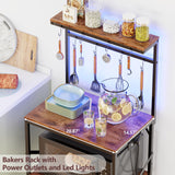 Kitchen Bakers Rack with Power Outlet & LED Lights, Small Coffee Bar Table with Adjustable Storage Shelf, 4 Tiers Microwave Stand with 8 Hooks, Coffee Station for Appliance Organizer, Rustic Brown Korfile