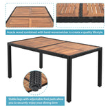 Quarte 7 Piece Outdoor Patio Dining Set, PE Rattan Wicker Dining Table and Chairs Set with Acacia Wood Tabletop and Stackable Armrest Chairs/Water-Proof Cushions Quarte