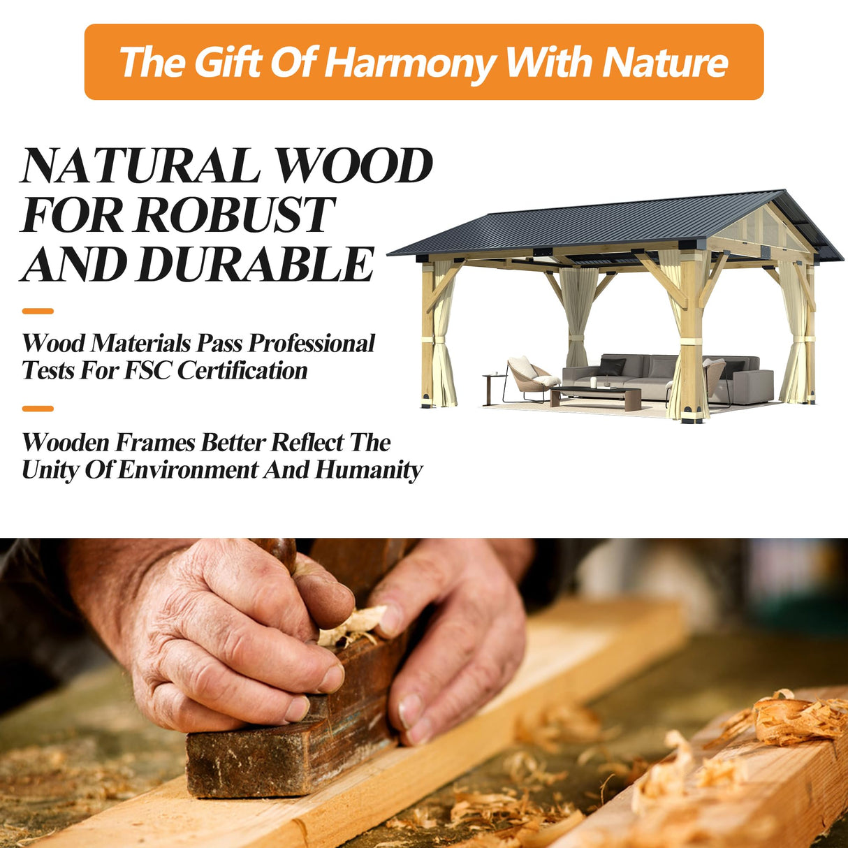 COVERONICS 13’x15’ Outdoor Wood Gazebo - Hardtop Patio Gazebo with Galvanized Steel Roof, Cedar Wooden Gazebo with Privacy Curtains and Netting for Garden, Porch, Patio and Deck COVERONICS