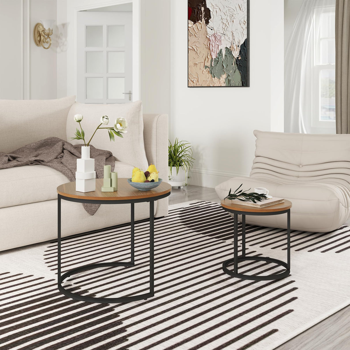 Otterease Nesting Tables Set of 2, Round Coffee Table, Small Nesting Coffee Table with Adjustable Non-Slip Fee, Wood Grain Top Nesting Tables for Living Room, Bedroom (Wood Grain Brown) Otterease