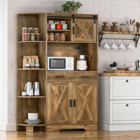 YITAHOME 67" Farmhouse Kitchen Pantry Storage Cabinet w/Sliding Barn Door ＆ Power Outlet, Freestanding Hutch with Shelves & Drawers, Microwave Stand, Large Kitchen Cupboard for Dining Room, Oak YITAHOME
