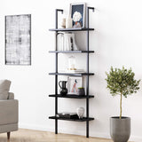 Nathan James Theo 5-Shelf Black Modern Bookcase, Open Wall Mount Ladder Bookshelf with Industrial Metal Frame Nathan James