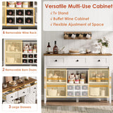 IDEALHOUSE 47.2'' Farmhouse Buffet Cabinet with Sliding Barn Door, 33.4'' Tall Wood Rustic Sideboard with 3 Drawer, Adjustable Shelf and Removable Wine Rack for Dining Room, Kitchen, White IDEALHOUSE