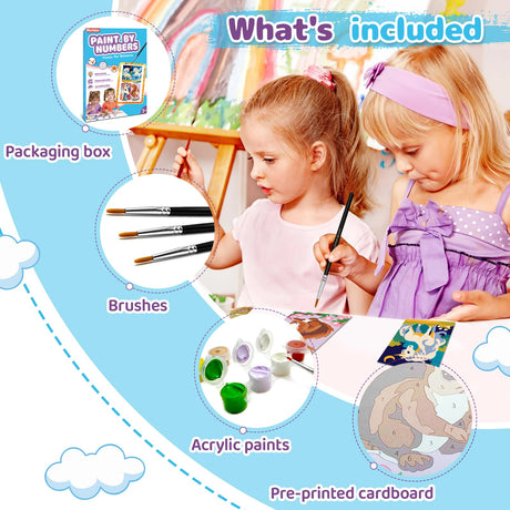 Nariolar 4 Pack Paint by Numbers Kit for Kids Ages 4-6 with 4.7X3.1inch Pre-Printed Cardboard,Acrylic Paint Pots and 3 Painting Brushes，Creative Gifts for Kids（Puppy and Panda Nariolar