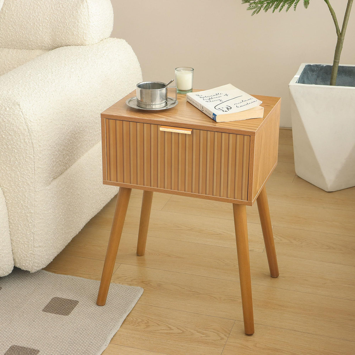 Fluted Nightstand, Small Bedside Table with Storage Drawer, Accent End Table Living Room for Bedroom and Small Space, Brown AWASEN