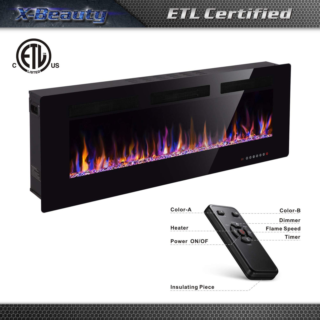 50" Electric Fireplace in-Wall Recessed and Wall Mounted 1500W Fireplace Heater and Linear Fireplace with Timer/Multicolor Flames/Touch Screen/Remote Control (Black) Xbeauty