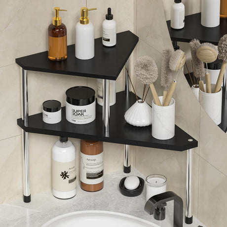 Weenson Bathroom Counter Organizer Over Sink for Toiletries, Makeup, Kitchen Countertop Organizer Spice Rack for Salt, 2-Tier Corner Counter Shelf for Coffee Area Storage Dresser Table(Black) Weenson