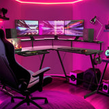 SHW L Shaped Gaming Desk with Full Around Monitor Stand and Drawer, Black SHW