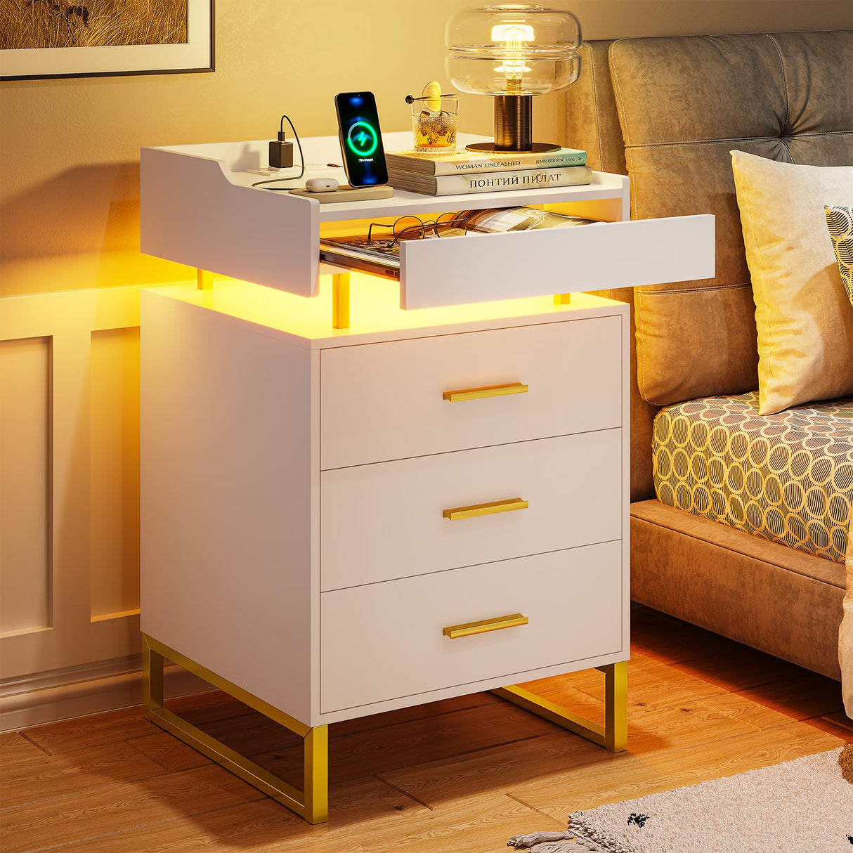 BTHFST LED Nightstand Set of 2 with Charging Station, Large Night Stand with 3 Drawers and 1 Pull-Out Tray, Modern Bedside Table with LED Lights, End Side Table with Storage, White and Gold BTHFST