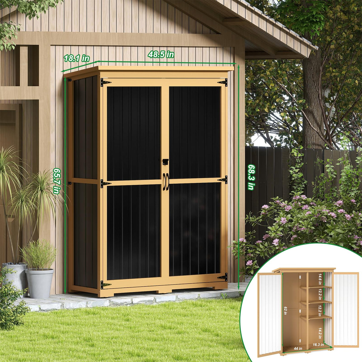 Outdoor Storage Shed with Shelf,Wood & Metal Storage Cabinet with Lockable Doors & Sloping Roof,Vertical Garden Shed for Patio Backyard,Tool Shed and Accessories, Brown Magazoopet