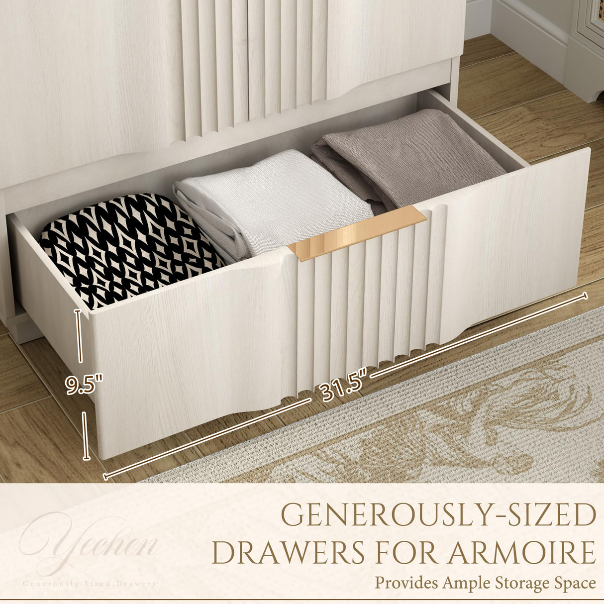 Yechen 64" Fluted Armoire Wardrobe Closet with Doors and Drawer, Wooden Wardrobe Cabinet with Adjustable Shelve, Modern Small Armoires for Hanging Clothes Coats for Bedroom, White Grey Yechen