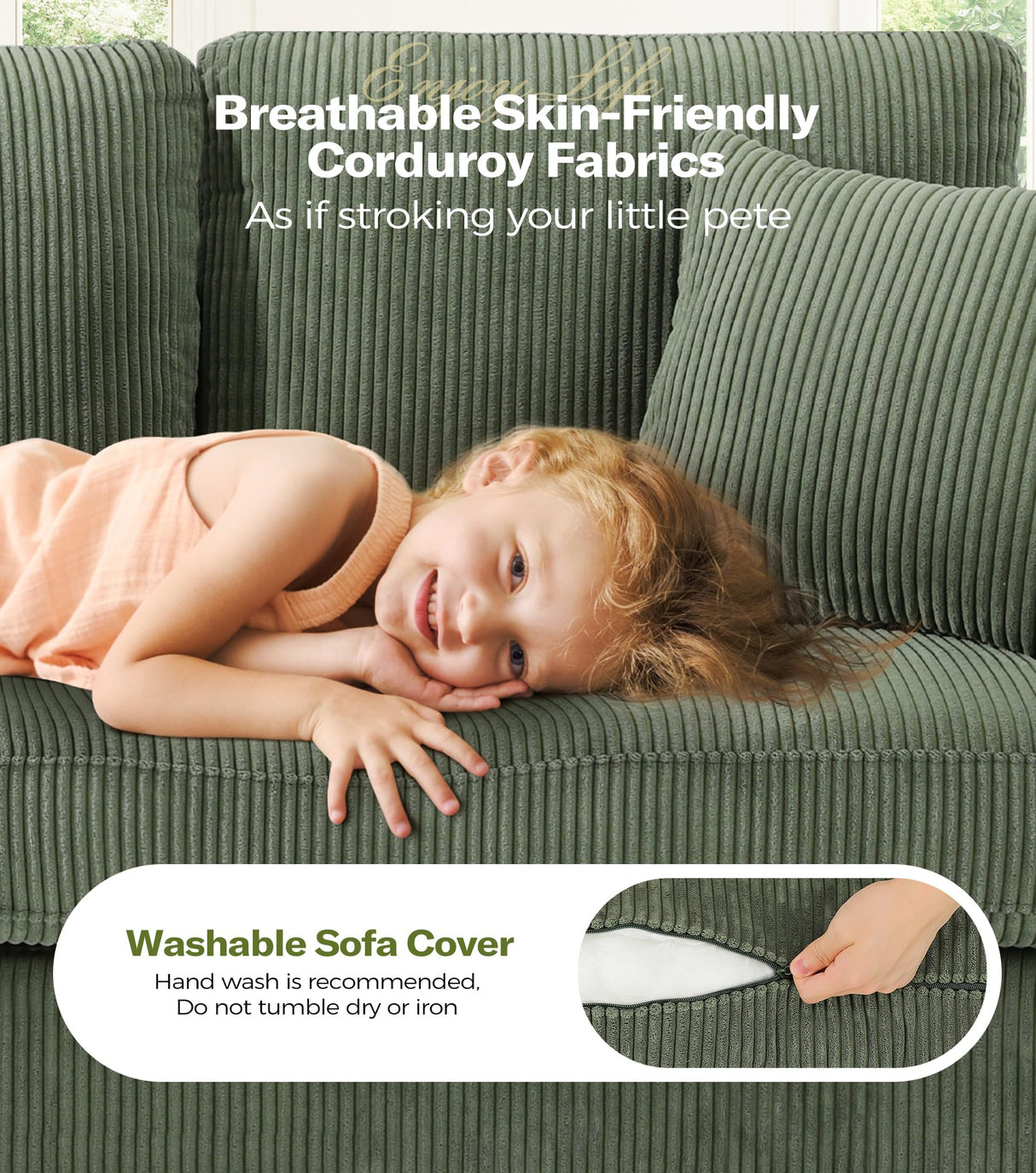 Kidirect 87in Green Sofa, Couches for Living Room 21in Extra Deep Seats, Comfy Corduroy Sofas for Living Room No Tool Assembly, Modern Oversized Love Seat with 2 Pillows, Sofa Couch for Bedroom Kidirect