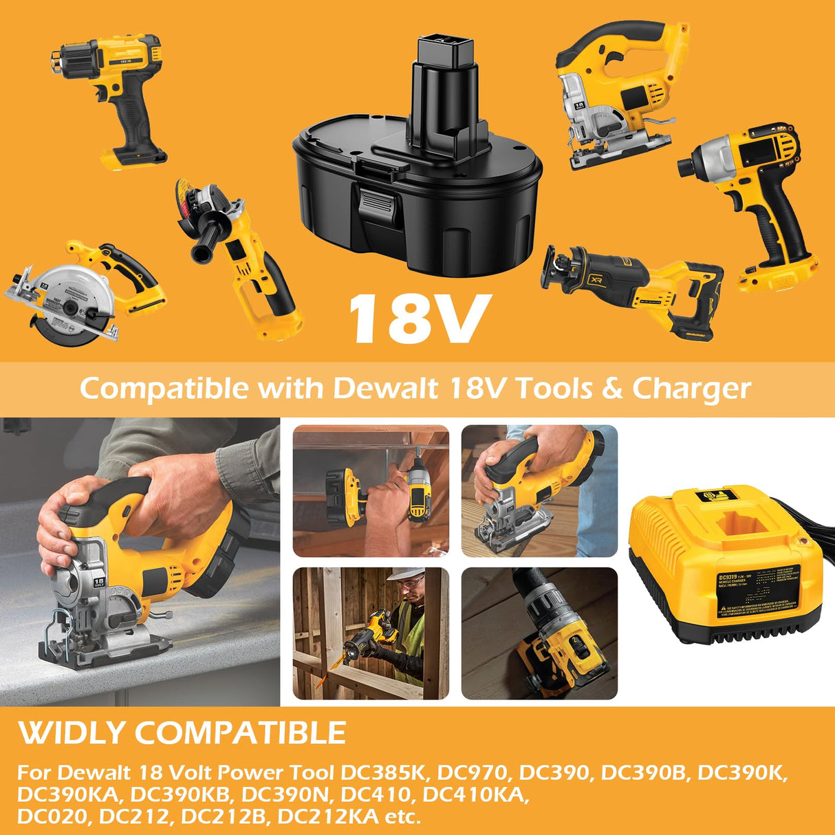 JUNWOOD 2Pack 5000Ah Ni-Mh Replacement for Dewalt 18V Battery Compatible with DC9098 DC9096 DC9099 DC970 DW9095 DW9096 DW9098 DW9099 DE9039 DE9095 DE9096 DE9098 JUNWOOD