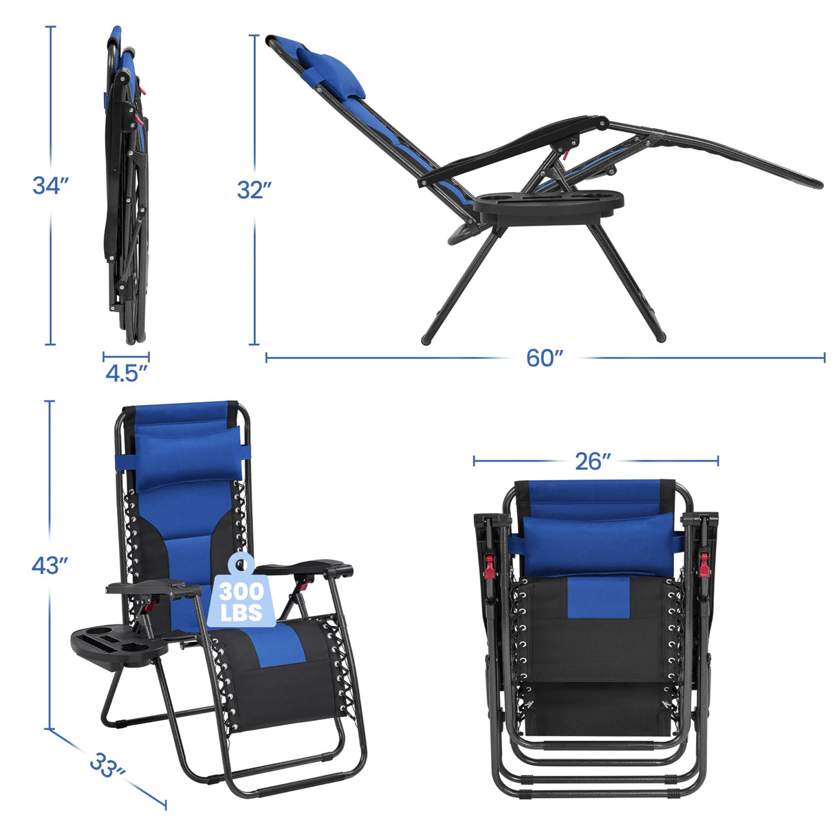 Yaheetech Padded Zero Gravity Recliner, Foldable Outdoor Patio Chairs, Adjustable Anti Gravity Lounger for Backyard Camping w/Carry Strap, Cup Holder, Pillow Navy Blue/Black Set of 2 Yaheetech