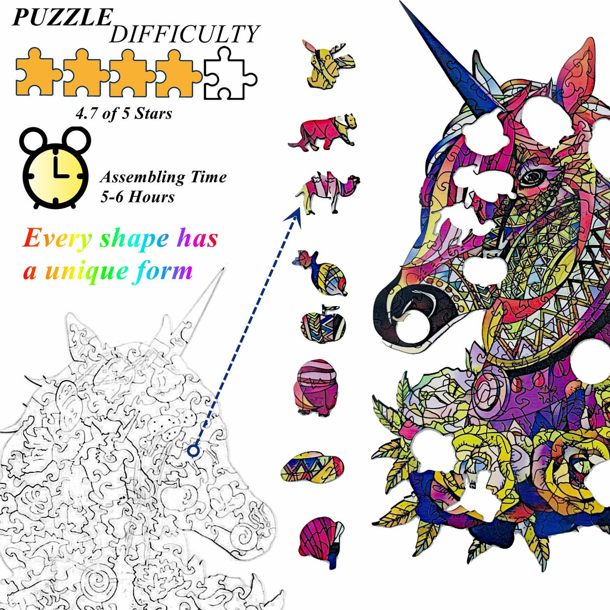 Wooden Jigsaw Puzzle for Adults,Unique Unicorn Animals Shaped Magic Jigsaw Puzzle Pieces Best Gift for Adults,Can be Used as a Cool Mouse Pad,157pcs,(11×7.5 inches) Large… TYRNDINNO