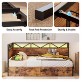 LIKIMIO Twin Daybed with Storage Drawers and Charging Station, Corner Bed Frames with Headboard and LED Lights, Industrial Brown LIKIMIO