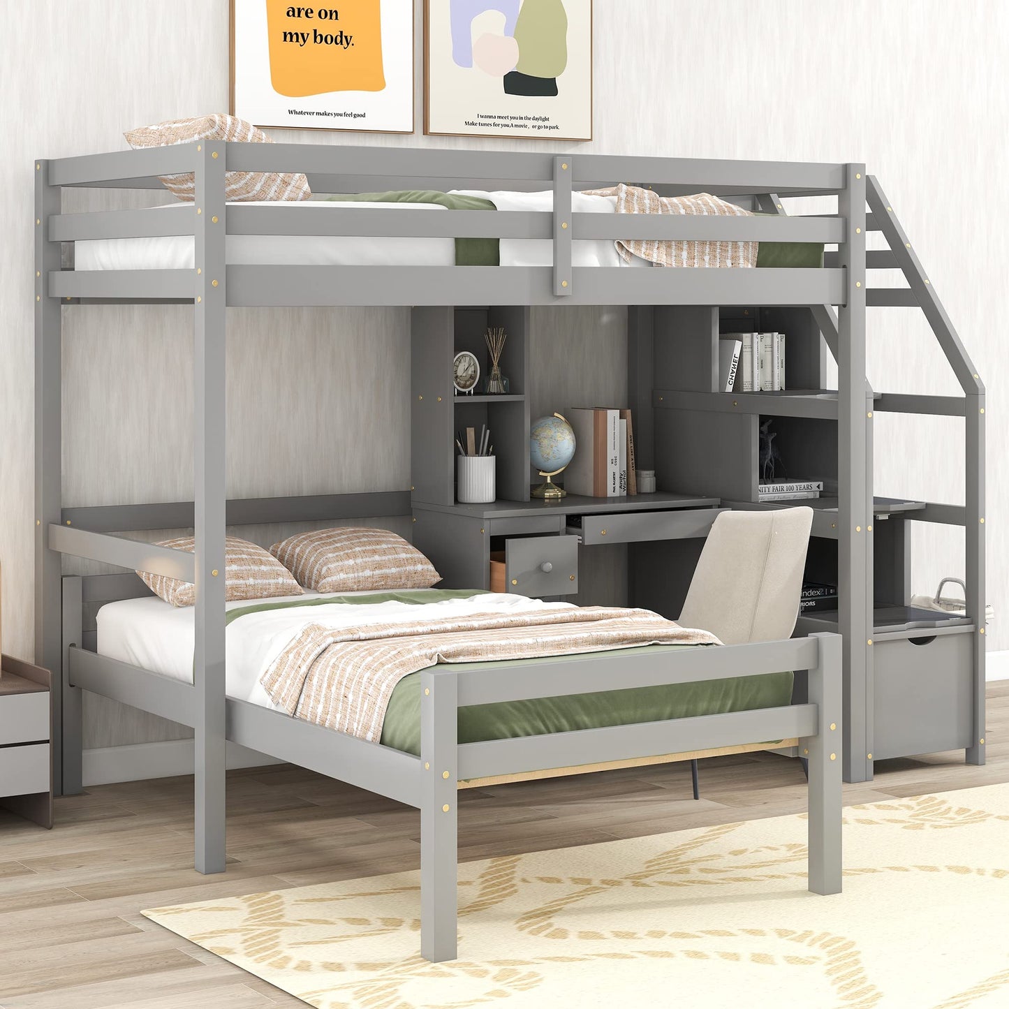 Harper & Bright Designs Twin Over Twin Bunk Bed with Stairs and Desk, Solid Wood Loft Bed with Storage Shelves and Drawers, Stairway Bunk Bed Frame for Kids Teens Adults (Gray)