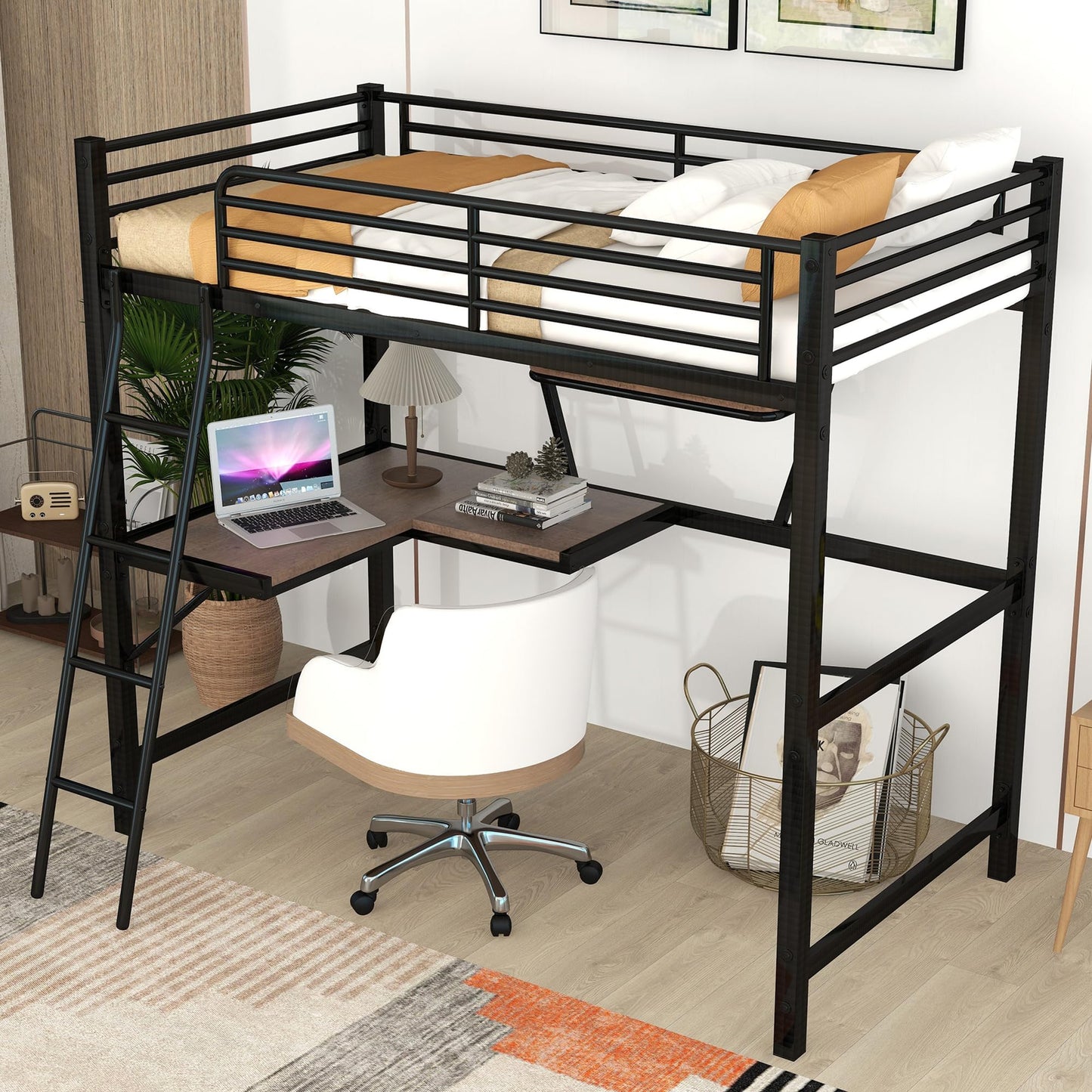 Twin Size Loft Bed with Desk and Storage Shelf, Heavy Duty Loft Bed Twin Size, Twin Loft Bed with Guardrail, Twin Loft Bed for Kids, Teens, Twin Size Loft Bed Black