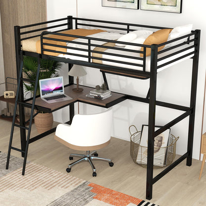 Twin Size Loft Bed with Desk and Storage Shelf, Heavy Duty Loft Bed Twin Size, Twin Loft Bed with Guardrail, Twin Loft Bed for Kids, Teens, Twin Size Loft Bed Black