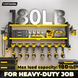 KAFAHOM Power Tool Organizer with Charging Station, Built in 8 Outlet Power Strip,Large 8 Drill Holder Wall Mount, Heavy Duty Metal Power Tool Storage Rack Tool Shelf for Garage Organization Black KAFAHOM