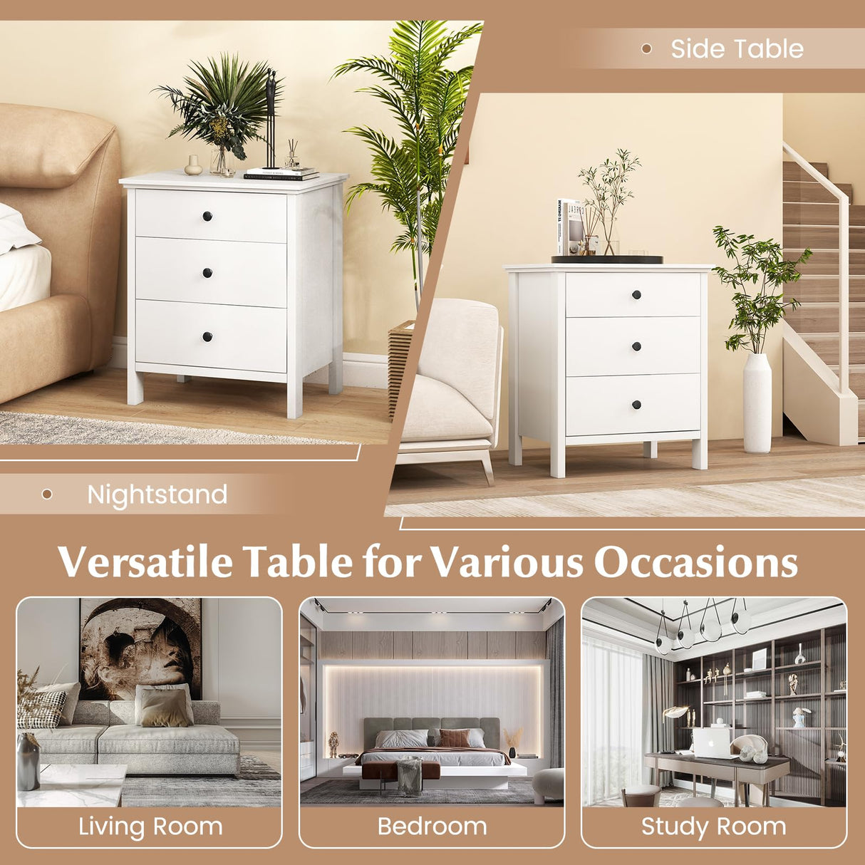 Giantex Nightstand with 3 Drawers, Wooden Side End Table with Solid Wood Legs, Retro 3-Drawer Bedside Table Night Stand for Bedroom Home Office Small Space, Easy Assembly, White Giantex