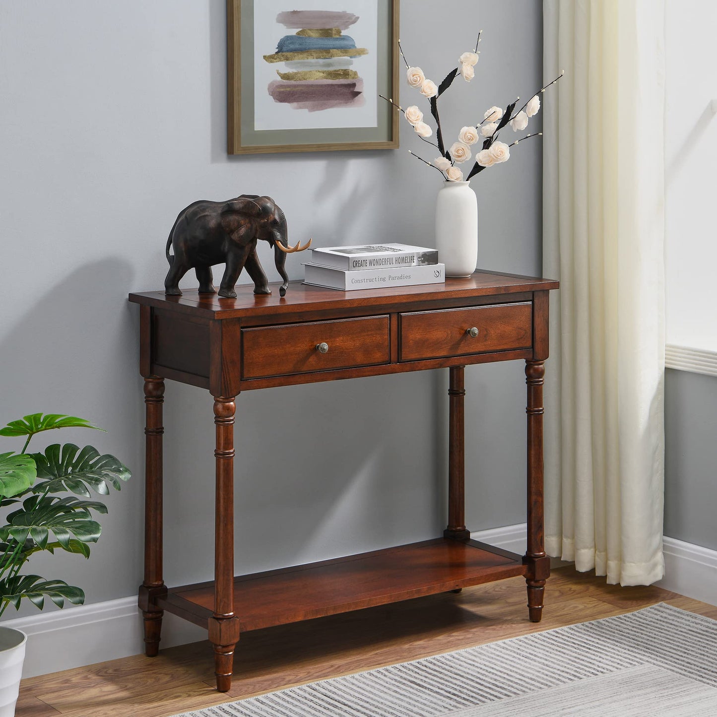 JESONVID Solid Wood Console Table with 2 Drawers, 2-Tier 35.4" X 30" Accent Sofa Table with Multilayer Storage Shelf Rustic Hall Entryway Tables for Living Room Home Office-Brown - WoodArtSupply