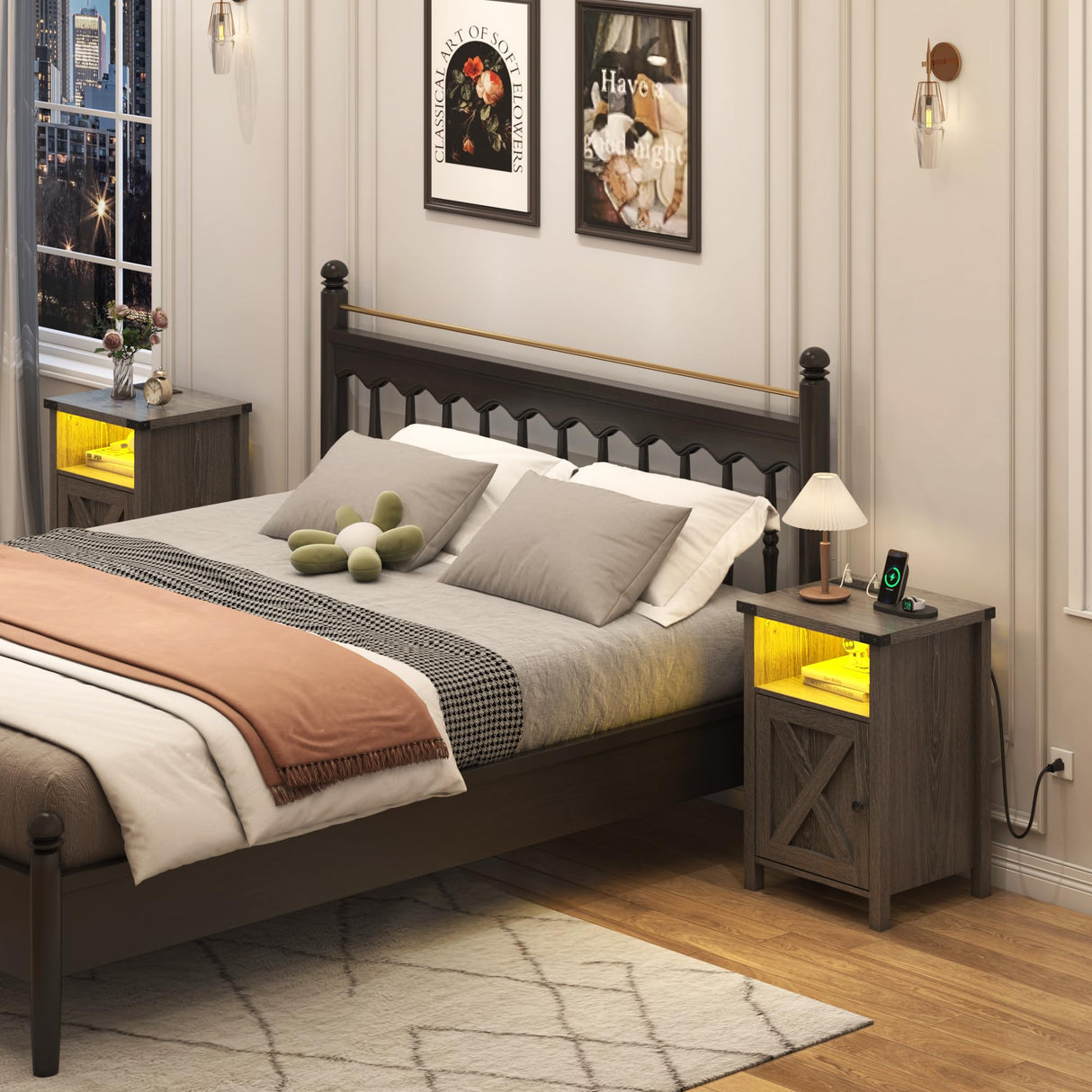 Hlivelood Farmhouse LED Nightstand Set of 2 with Charging Station, Rustic End Table with Barn Door & Storage Shelf, Bedside Table for Bedroom, Living Room, Grey Hlivelood