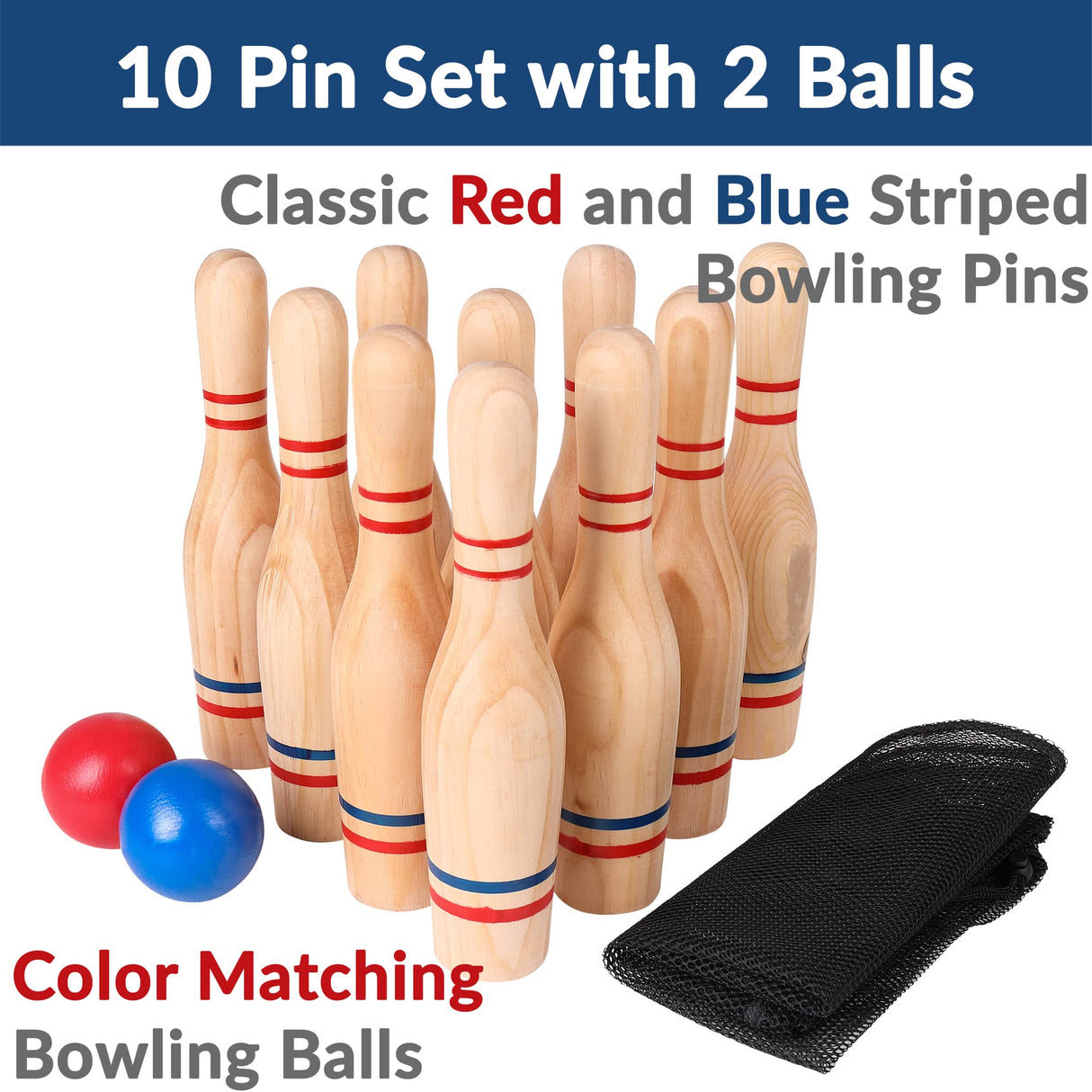 STERLING Sports Premium Wooden Lawn Bowling Skittles Set 11" Pins with Carrying Mesh Bag - 10 Heavy Solid Wooden Pins and 2 Balls - for Indoors and Outdoors STERLING