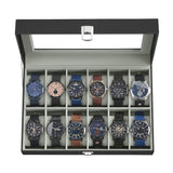 SONGMICS Watch Box, 12-Slot Watch Case with Large Glass Lid, Removable Watch Pillows, Watch Box Organizer, Gift for Loved Ones, Black Synthetic Leather, Gray Lining UJWB12BK SONGMICS