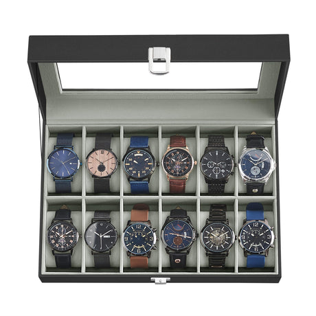 SONGMICS Watch Box, 12-Slot Watch Case with Large Glass Lid, Removable Watch Pillows, Watch Box Organizer, Gift for Loved Ones, Black Synthetic Leather, Gray Lining UJWB12BK SONGMICS